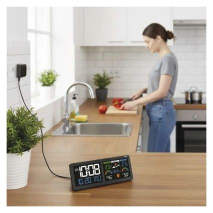 Vejrstation med farvet LCD-skærm og vækkeur 5V 3xAAA + 2xAA sort