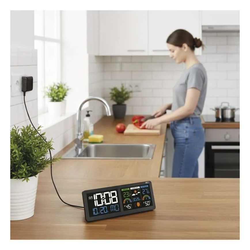 Vejrstation med farvet LCD-skærm og vækkeur 5V 3xAAA + 2xAA sort