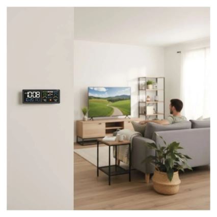 Vejrstation med farvet LCD-skærm og vækkeur 5V 3xAAA + 2xAA sort