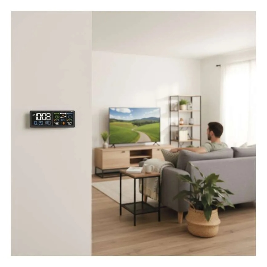 Vejrstation med farvet LCD-skærm og vækkeur 5V 3xAAA + 2xAA sort