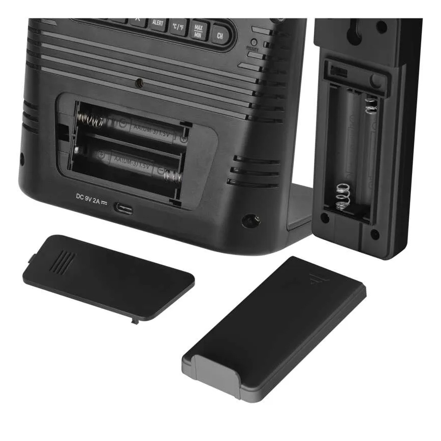 Vejrstation med trådløs opladning 5V, 2xAA + 2xAAA, sort