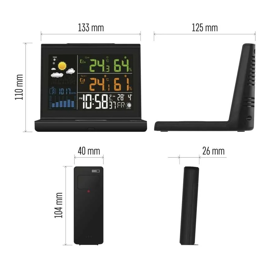 Vejrstation med trådløs opladning 5V, 2xAA + 2xAAA, sort