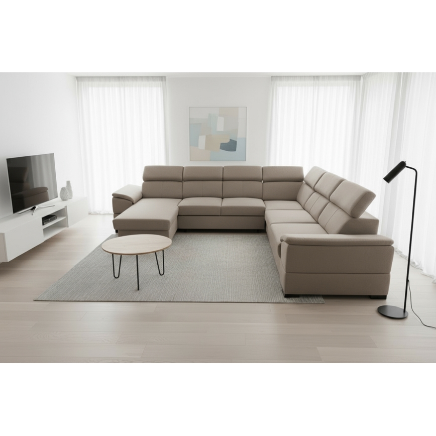 Udtrækbar U-formet hjørnesofa med vendbart hjørne og opbevaringsplads GRANADA beige