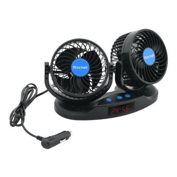Ventilator med termometer til bil 9W/12V sort