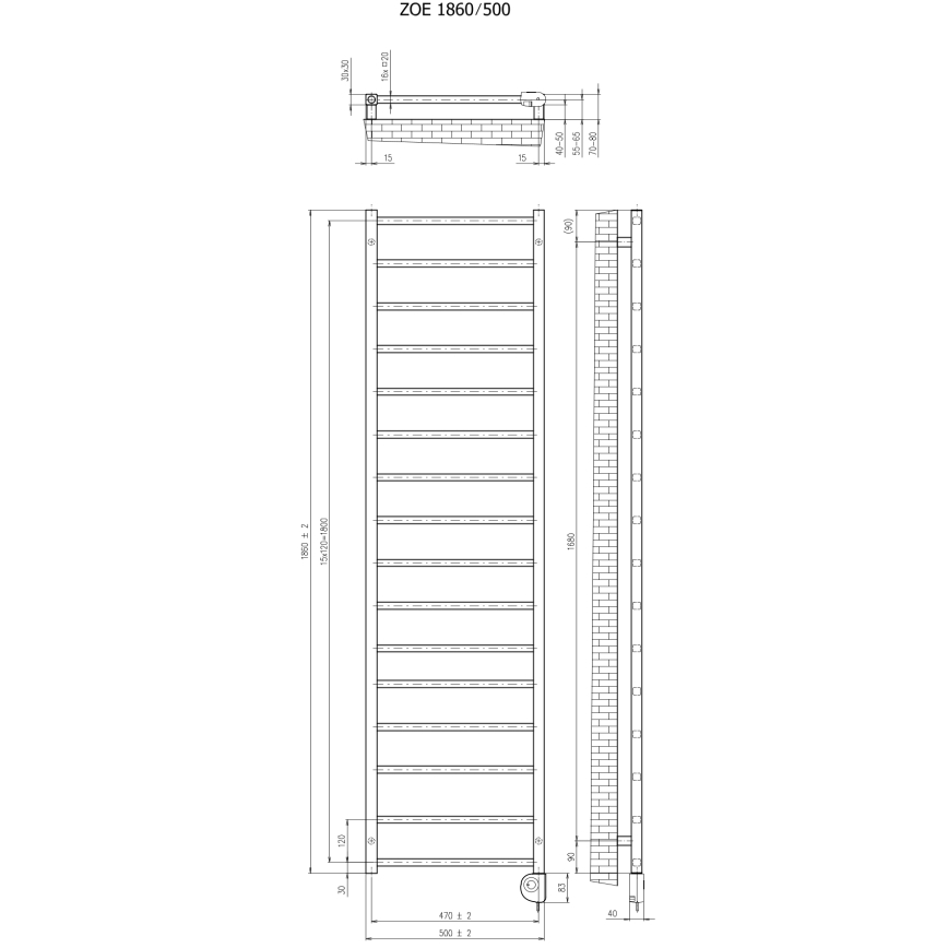 Vertaduro - ZOE badeværelsesradiator med termostat, 400 W, 186 x 50 cm, antracit