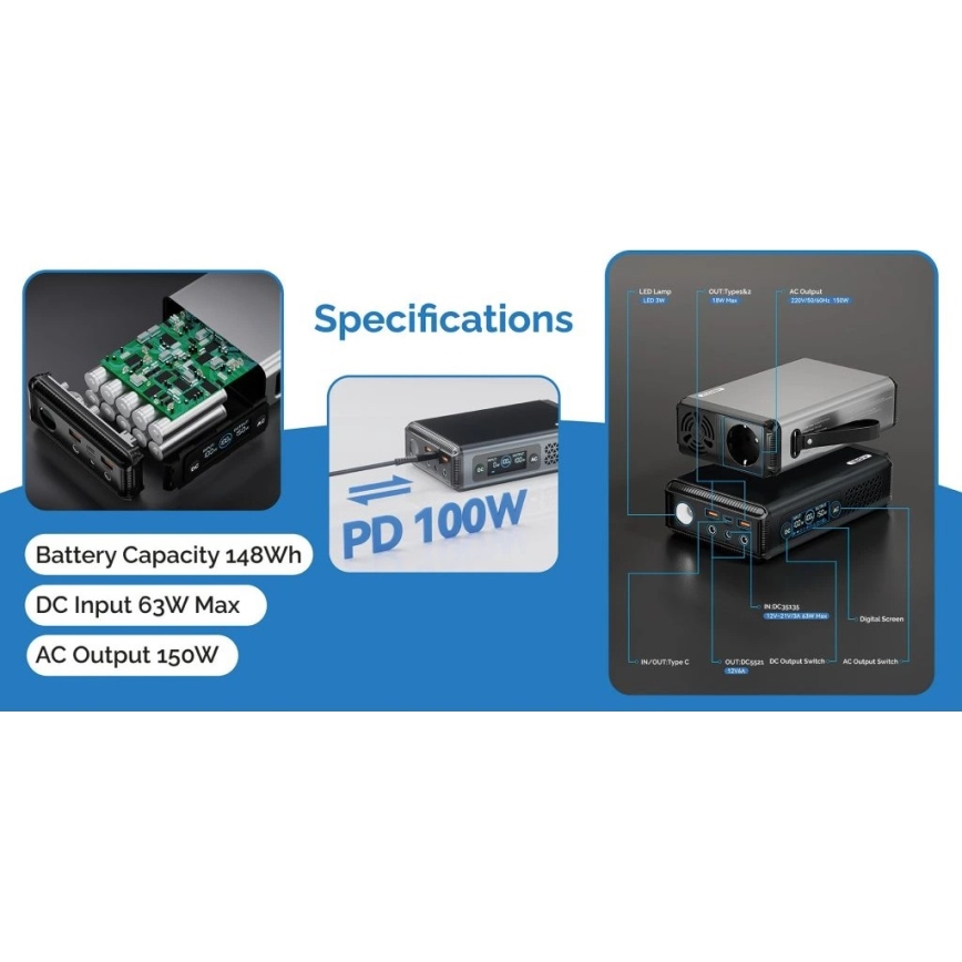 Viking - Opladningsstation med LED-display og Power Delivery, 148 Wh
