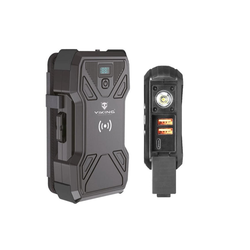 Viking - Powerbank med LED-lommelygte, trådløs opladning og solpanel Power Delivery 22,5W/30000 mAh