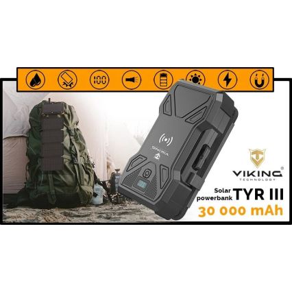 Viking - Powerbank med LED-lommelygte, trådløs opladning og solpanel Power Delivery 22,5W/30000 mAh