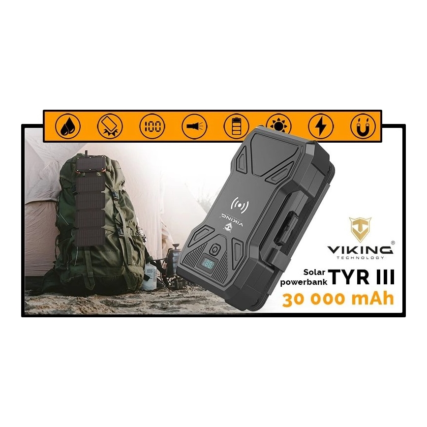 Viking - Powerbank med LED-lommelygte, trådløs opladning og solpanel Power Delivery 22,5W/30000 mAh