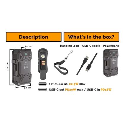 Viking - Powerbank med LED-lommelygte, trådløs opladning og solpanel Power Delivery 22,5W/30000 mAh