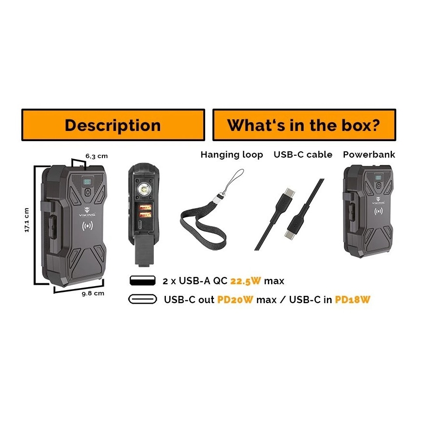 Viking - Powerbank med LED-lommelygte, trådløs opladning og solpanel Power Delivery 22,5W/30000 mAh