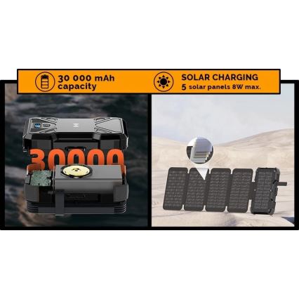 Viking - Powerbank med LED-lommelygte, trådløs opladning og solpanel Power Delivery 22,5W/30000 mAh