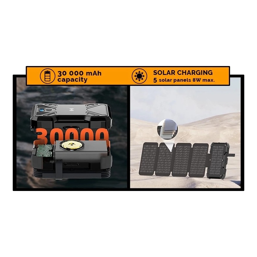 Viking - Powerbank med LED-lommelygte, trådløs opladning og solpanel Power Delivery 22,5W/30000 mAh