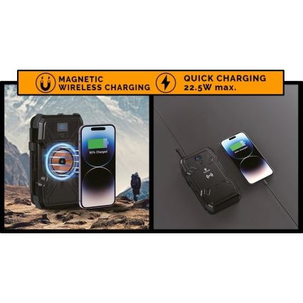 Viking - Powerbank med LED-lommelygte, trådløs opladning og solpanel Power Delivery 22,5W/30000 mAh