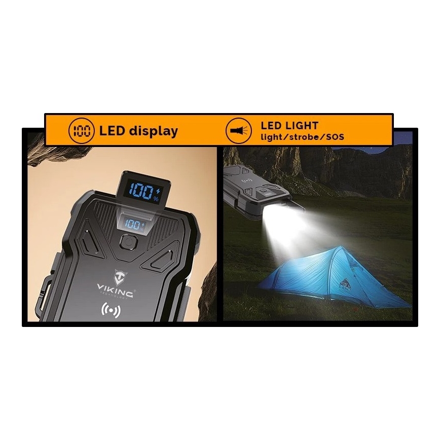 Viking - Powerbank med LED-lommelygte, trådløs opladning og solpanel Power Delivery 22,5W/30000 mAh