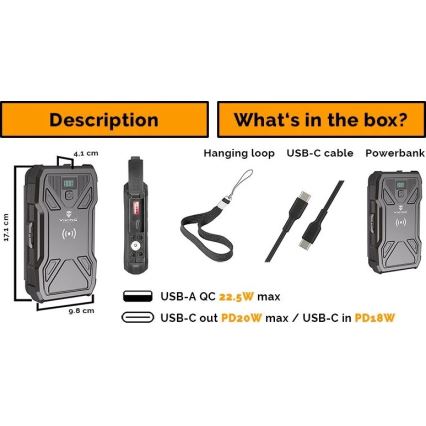 Viking - Powerbank med indbygget LED-lommelygte, trådløs opladning og solpanel, Power Delivery 22,5 W / 10000 mAh