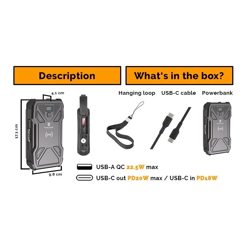 Viking - Powerbank med indbygget LED-lommelygte, trådløs opladning og solpanel, Power Delivery 22,5 W / 10000 mAh
