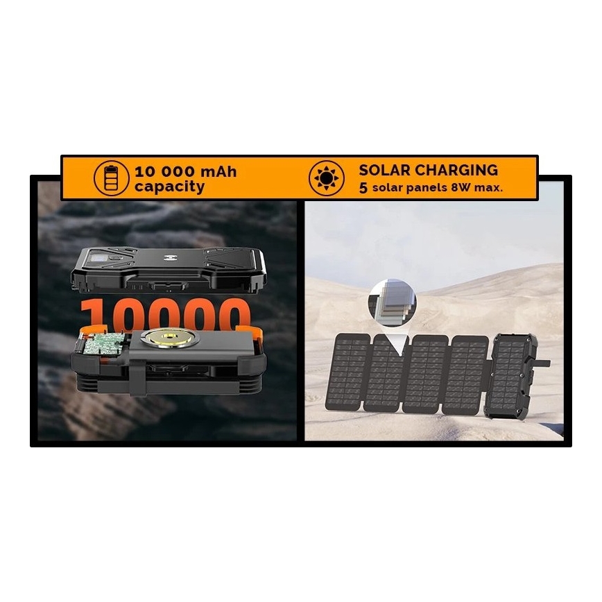 Viking - Powerbank med indbygget LED-lommelygte, trådløs opladning og solpanel, Power Delivery 22,5 W / 10000 mAh
