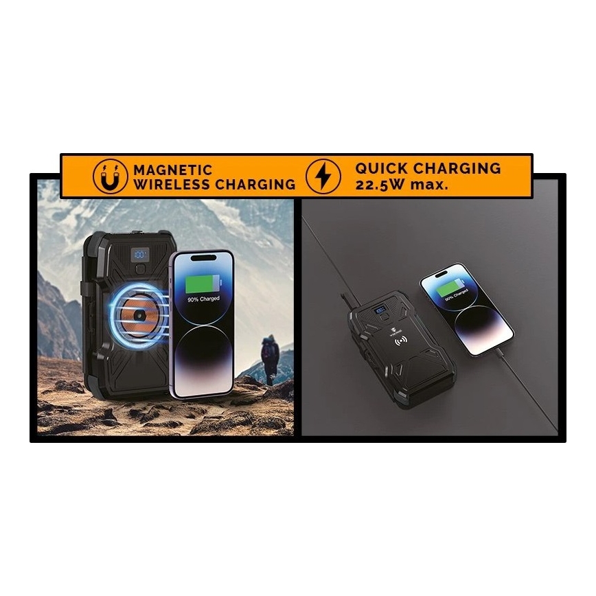 Viking - Powerbank med indbygget LED-lommelygte, trådløs opladning og solpanel, Power Delivery 22,5 W / 10000 mAh