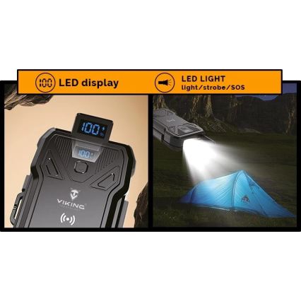 Viking - Powerbank med indbygget LED-lommelygte, trådløs opladning og solpanel, Power Delivery 22,5 W / 10000 mAh