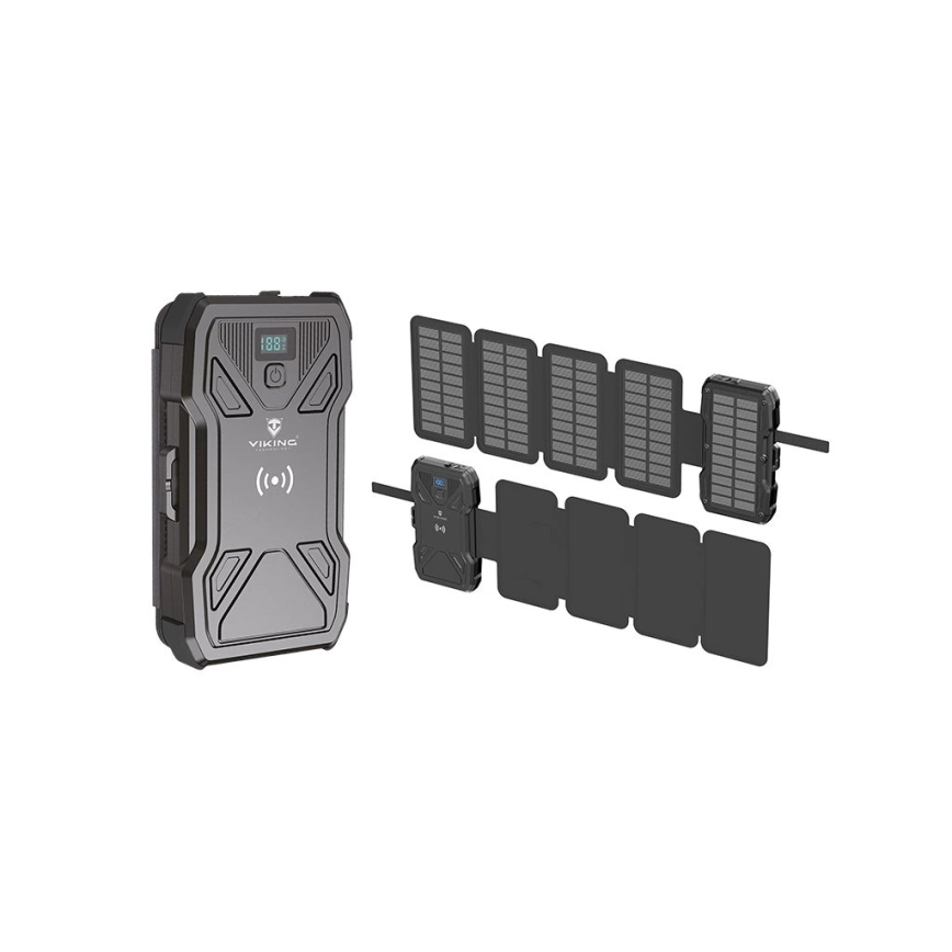 Viking - Powerbank med indbygget LED-lommelygte, trådløs opladning og solpanel, Power Delivery 22,5 W / 10000 mAh
