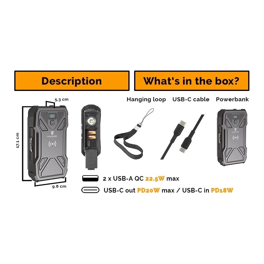 Viking - powerbank med LED-lommelygte, trådløs opladning og solpanel Power Delivery 22,5W/20000 mAh