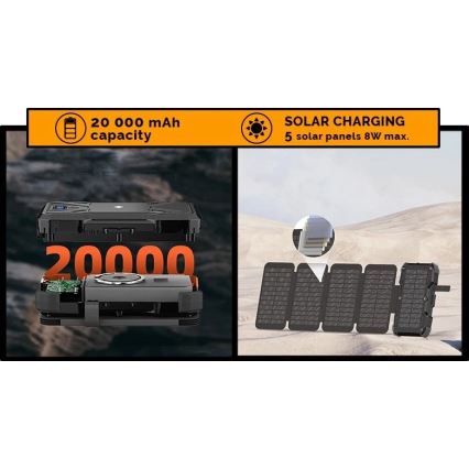 Viking - powerbank med LED-lommelygte, trådløs opladning og solpanel Power Delivery 22,5W/20000 mAh