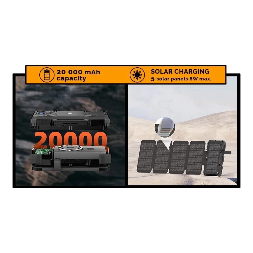 Viking - powerbank med LED-lommelygte, trådløs opladning og solpanel Power Delivery 22,5W/20000 mAh