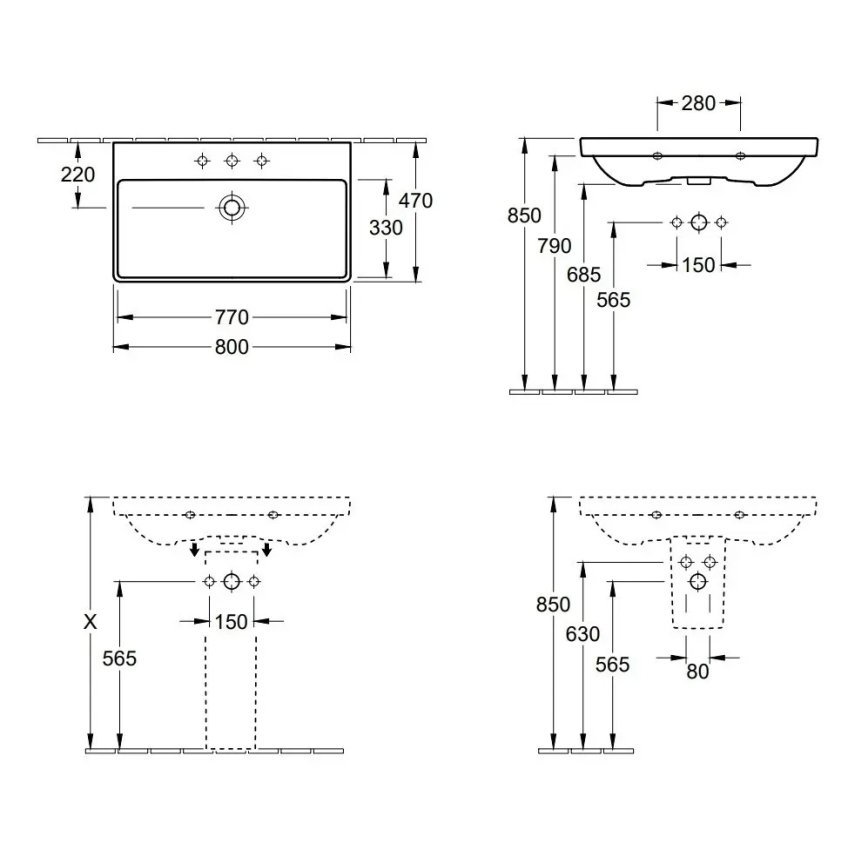 Villeroy & Boch 41568001 - Vægmonteret håndvask AVENTO 80 x 47 cm, keramik/hvid