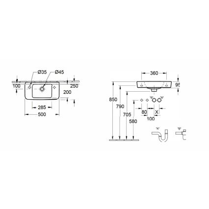 Villeroy & Boch 4342L501 - Vægmonteret håndvask O.NOVO 50 x 25 cm keramik/hvid