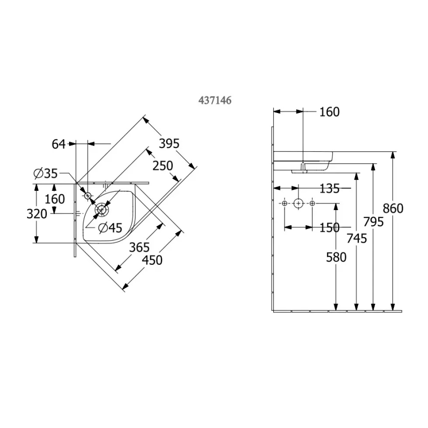 Villeroy & Boch 43714601 - Hjørne væghængt håndvask SUBWAY 3.0 32x32 cm keramik/hvid