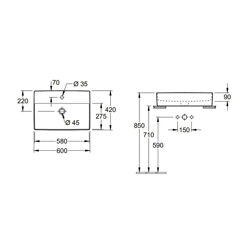 Villeroy & Boch 4A076001 - Håndvask til bordplade MEMENTO 60 x 42 cm, keramik/hvid