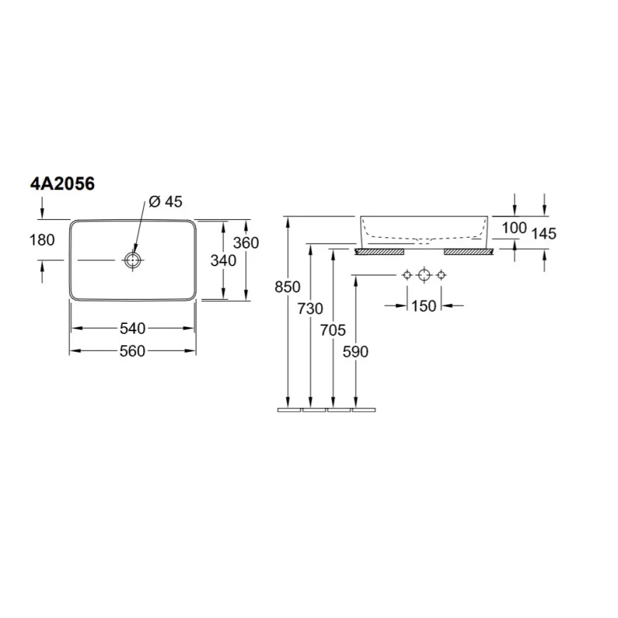 Villeroy & Boch 4A205601 - COLLARO håndvask til bordplade 56 x 36 cm keramik/hvid
