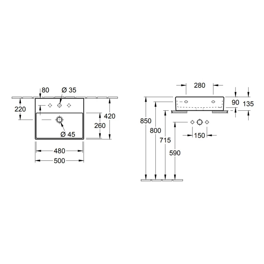 Villeroy & Boch 4A225G01 - MEMENTO håndvask 50 x 42 cm, væghængt/til bordplade, keramik/hvid