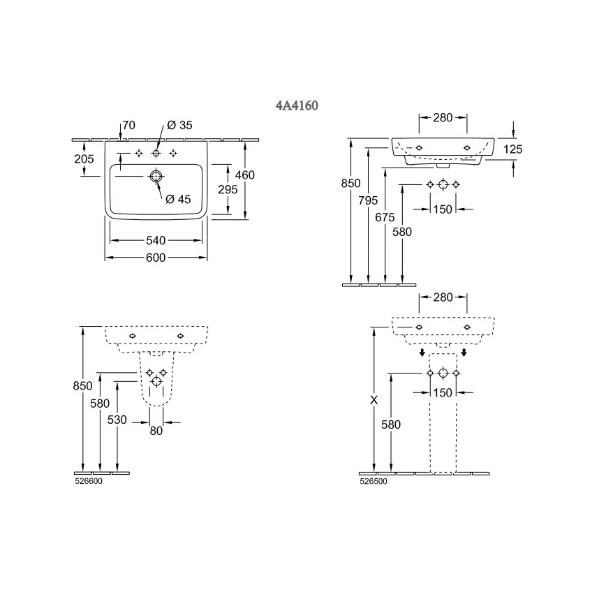 Villeroy & Boch 4A416001 - Væghængt håndvask O.NOVO 60x46 cm keramik/hvid