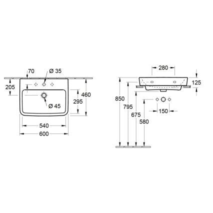 Villeroy & Boch 4A416G01 - Væghængt håndvask O.NOVO 60 x 46 cm, keramik/hvid