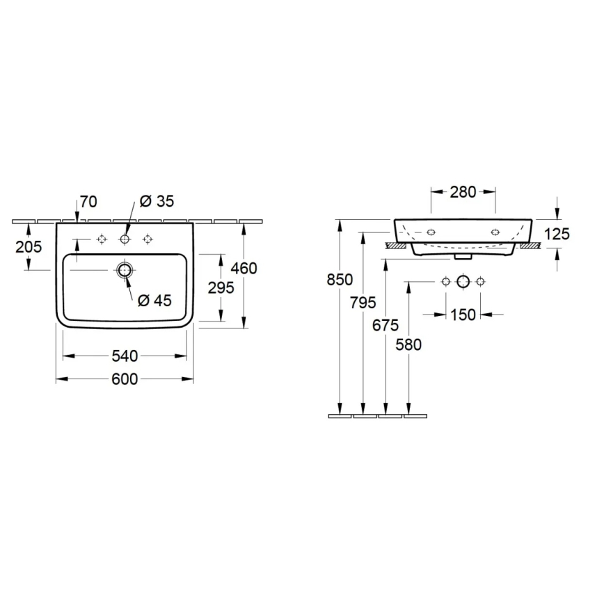 Villeroy & Boch 4A416G01 - Væghængt håndvask O.NOVO 60 x 46 cm, keramik/hvid