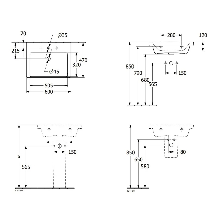 Villeroy & Boch 4A706001 - SUBWAY 3.0 vægmonteret håndvask, 60 x 47 cm, keramik, hvid