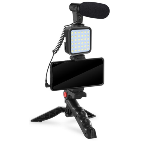 Vlogging-sæt 4-i-1 - mikrofon, LED-lampe, stativ, telefonholder