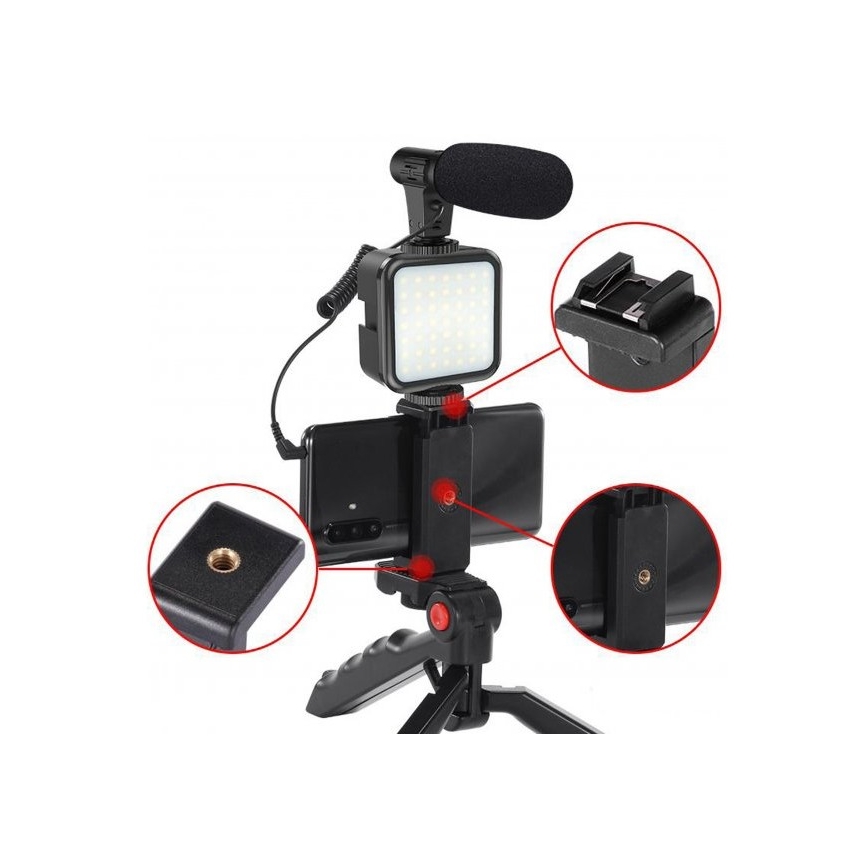 Vlogging-sæt 4-i-1 - mikrofon, LED-lampe, stativ, telefonholder