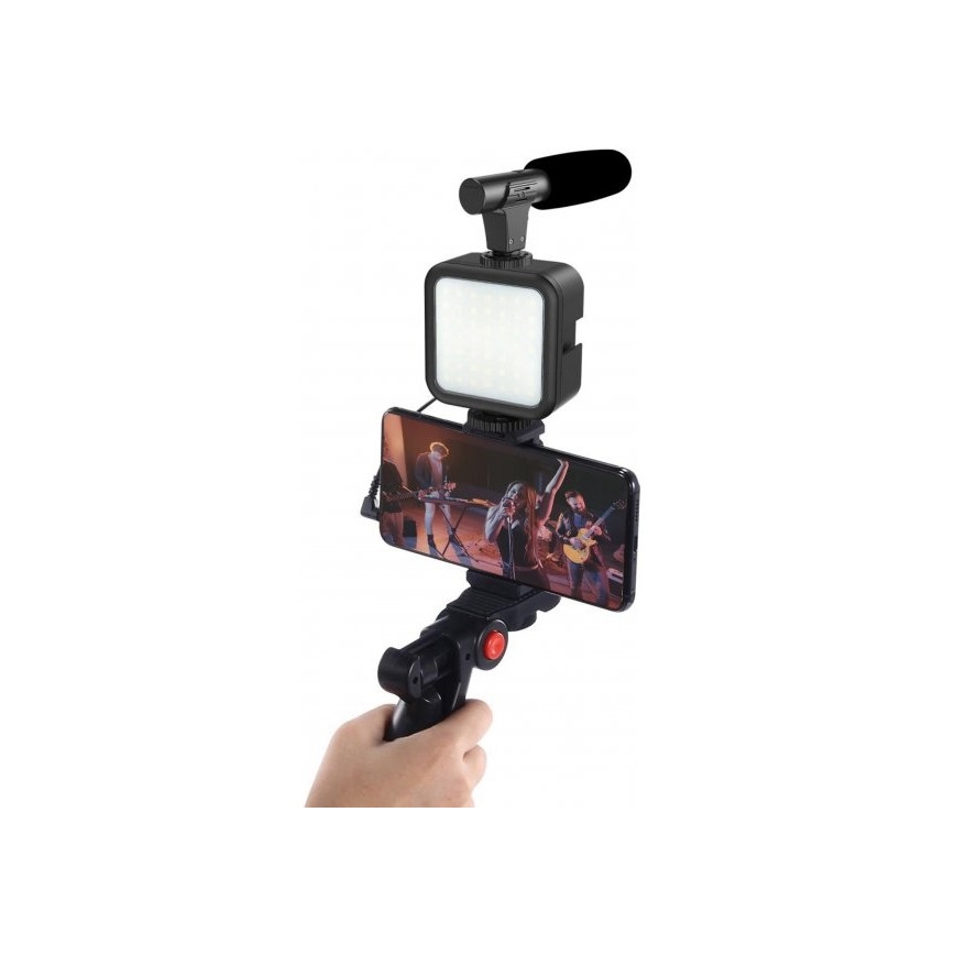 Vlogging-sæt 4-i-1 - mikrofon, LED-lampe, stativ, telefonholder