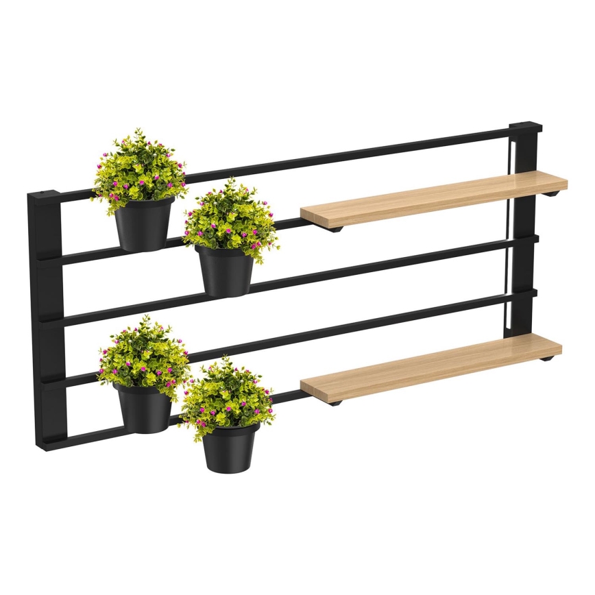 Væghylde med blomsterkrukker og LED belysning SHELF 50x118 cm sort/beige/fyrretræ