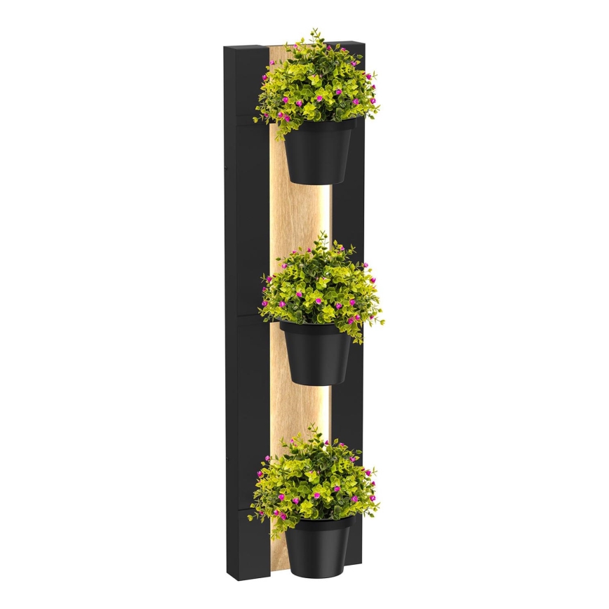 Væghængt blomsterkrukke med LED-lys SHELF 90x18 cm sort/eg