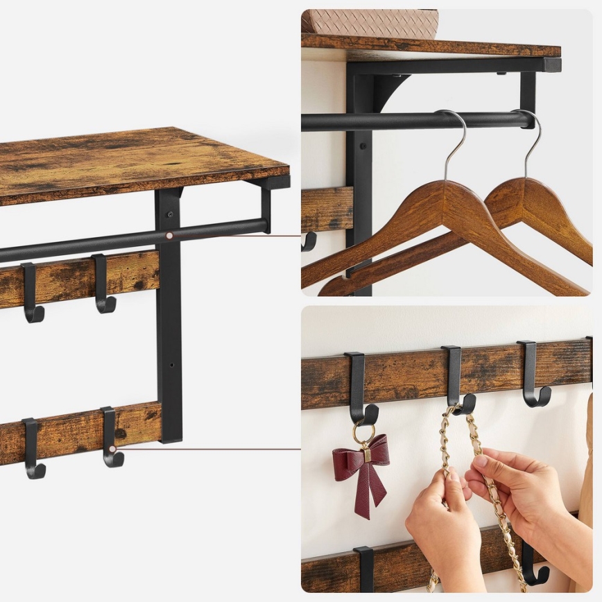 Væghængt knagerække med hylde NATE, brun/sort