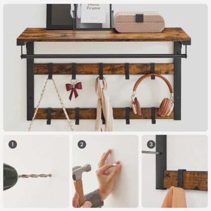 Væghængt knagerække med hylde NATE, brun/sort