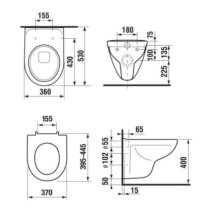Væghængt toilet LYRA + SoftClose-toiletsæde LYRA + skylleknap DUAL + indbygningsmodul + isoleringsunderlag