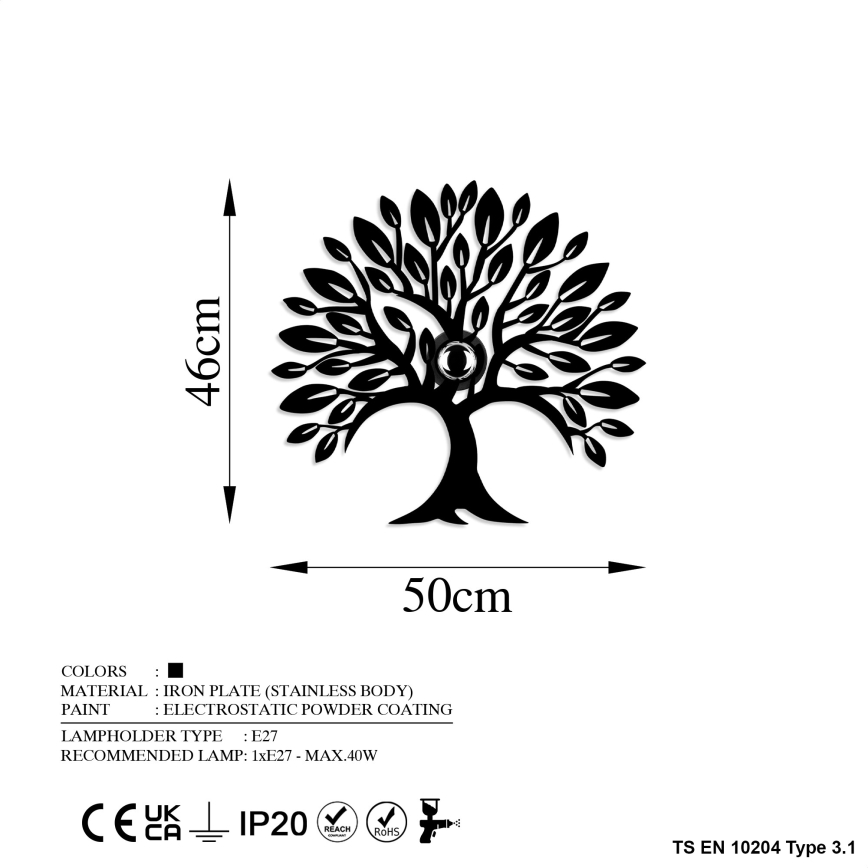 Væglampe HEART TREE 1xE27/40W/230V sort