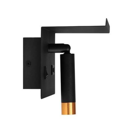 Væglampe med spotlight, hylde og USB-oplader 1xG9/35W/230V sort/guld