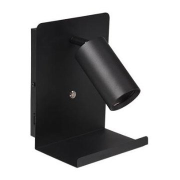 Væglampe med spot, hylde og USB-oplader 1xGU10/35W/230V sort