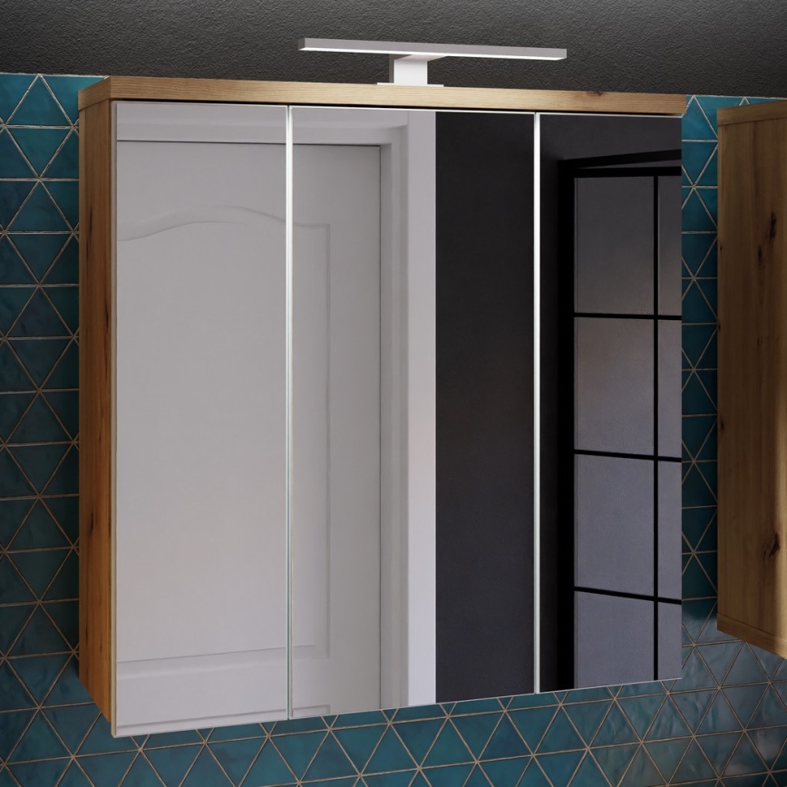 Vægmonteret badeværelsesskab med spejl VENOM, hvid/artisan-eg